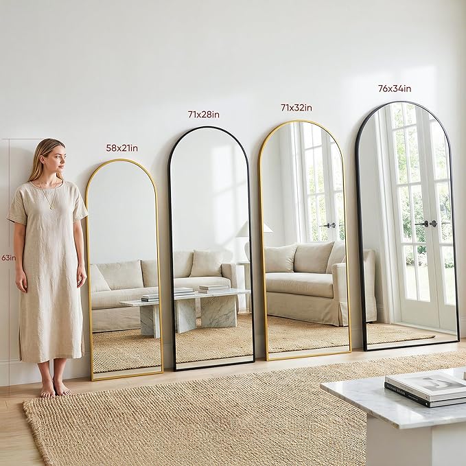 Antok Full Length Floor Mirror Arched Standing Mirror with Aluminum Frame - Freestanding Wall Mount Leaning Body Mirror for Bedroom Living Room Entryway, 76" L x 34" W, Black