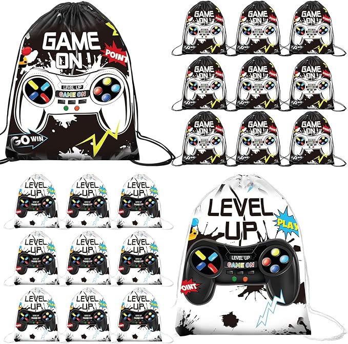 Roowest 36 Pcs Video Game Drawstring Bags 12 x 10'' Video Gaming Theme Birthday Party Gifts Supplies Goodie Treat Candy Bags for Kid(Black, White)