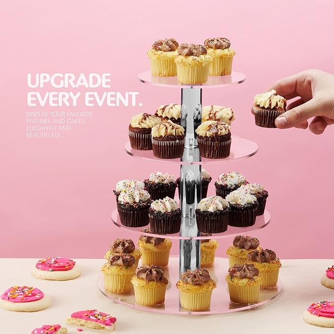 4-Tier Acrylic Cupcake Stand For 36 Cupcakes, Cupcake Tower Made with Finest Food Grade Acrylic, Cupcake Holder Designed With Glassy Stem For Modern Cupcake Display, For Wedding & Party. Clear