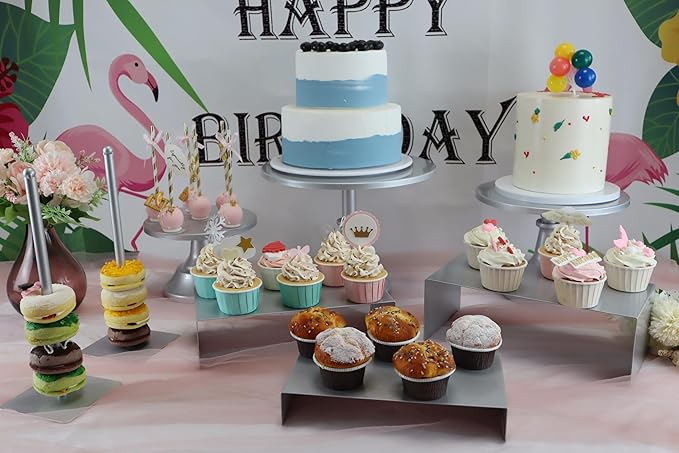 Set of 8 Silver Cake Stands Donut Holder Metal Dessert Display Risers Cupcake Stand Serving Platter for Weddings Birthday Baby Showers Anniversary Party