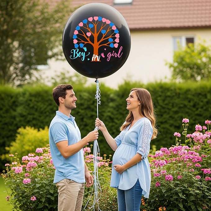 Gender Reveal Heart Sticker Tree Balloons, Black Baby Boy or Baby Girl Balloons, with Pink and Blue Heart Stickers and Confetti for Gender Reveal & Baby Shower