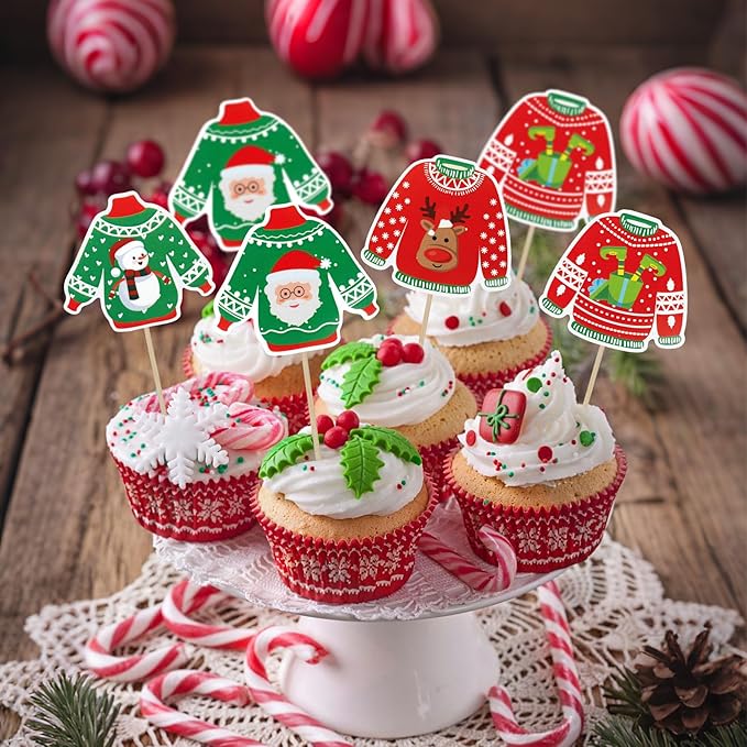 Ugly Sweater Cupcake Toppers, 40 PCS Christmas Ugly Sweater Cupcake Toppers Party Decorations, Christmas Holiday Cake Decoration Food Picks Topper for Xmas Birthday Holiday Party Decorations Supplies