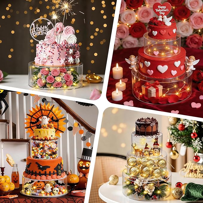 SAMYUCHO 3 Pcs Acrylic Cake Stand 6" Dx4 H 8" Dx4 H 10" Dx4 H with Led Lights for Party Wedding Cake Stand Tier Clear Cake Cupcake Display Centerpiece Floating Cup Cake Supports Stands for Stacking