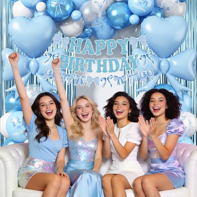 Blue Bow Birthday Party Decorations, Coquette Baby Blue White Bows Balloons with Mini Bows Decor Happy Birthday Banner Fringe Curtain for Women Girls Bows Bachelorette Baby Shower Party Decoration