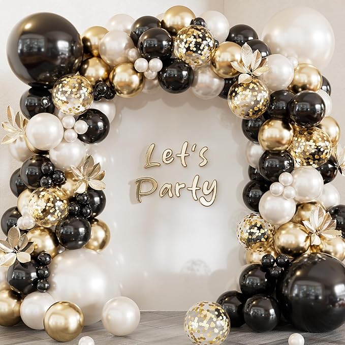 Black Gold White Balloon Arch Garland Kit - Double Stuffed Pearl White Balloons with Black, Gold & Confetti Balloons for Wedding, Bridal Shower, Birthday, Graduation Party Decorations