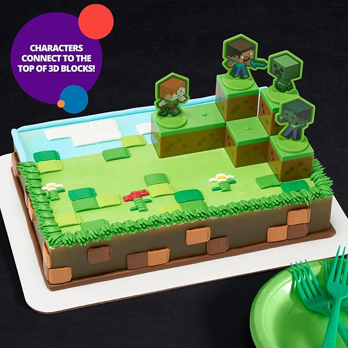 DecoSet® Mobs Beware Minecraft Cake-Topper, 6-Piece Stackable Cake-Decoration, Interlocking 3D Blocks With Characters, Food Safe Birthday Cake Decoration, 2.8 inches (W) x 2.8 inches (H) (Pack of 2)