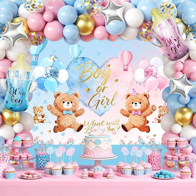 Bear Gender Reveal Baby Shower Decorations Party Kit,167pcs Pink Blue Balloon Garland Arch,Backdrop,Balloon Boxes,and Cute Gender Reveal Supplies for Boy or Girl Baby Shower,Gender Reveal Party