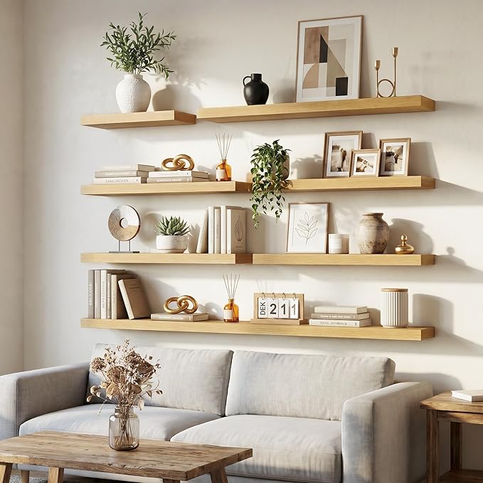 Venusmiles Floating Shelves for Wall, 72 Inch Floating Shelves Set of 2, 6.5" D Wooden Wall Mounted Display Shelves with Invisible Brackets for Living Room, Bedroom, Bathroom, Kitchen Decor, Oak