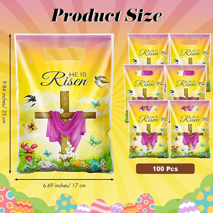 Pasimy 100 Pcs Treat Bags He is Risen Gift Bags Easter Party Goodie Candy Plastic Favor Pouches for Religious Theme Bible School Party Decorations Supplies (Yellow,Easter)