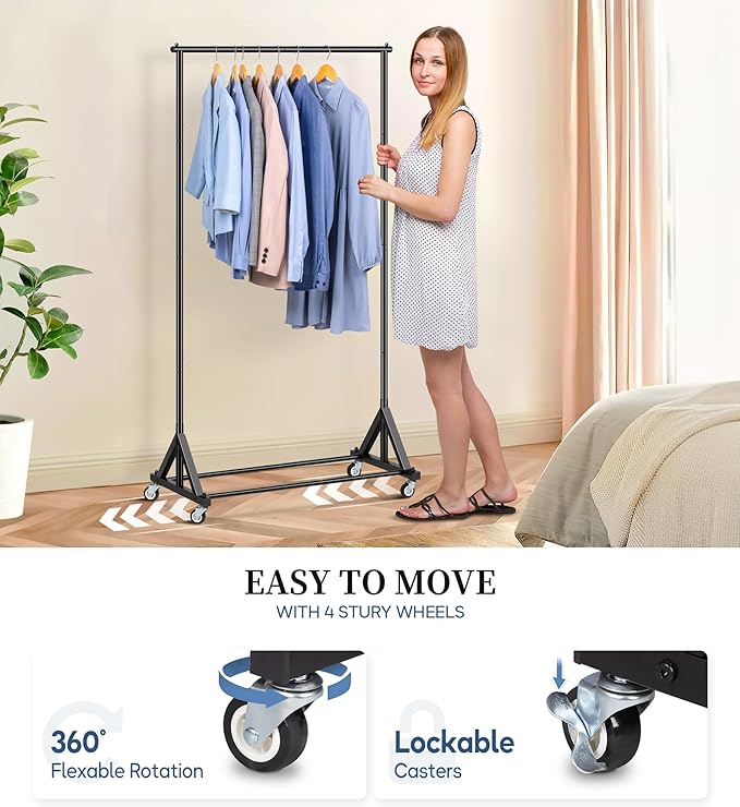 SLEEPING LAMB Heavy Duty Clothes Rack, Rolling Clothing Racks for Hanging Clothes Metal Garment Racking With Wheels, Clothes Hanger for Coats, Shirts, Sweaters Wardrobe Rack (Black)