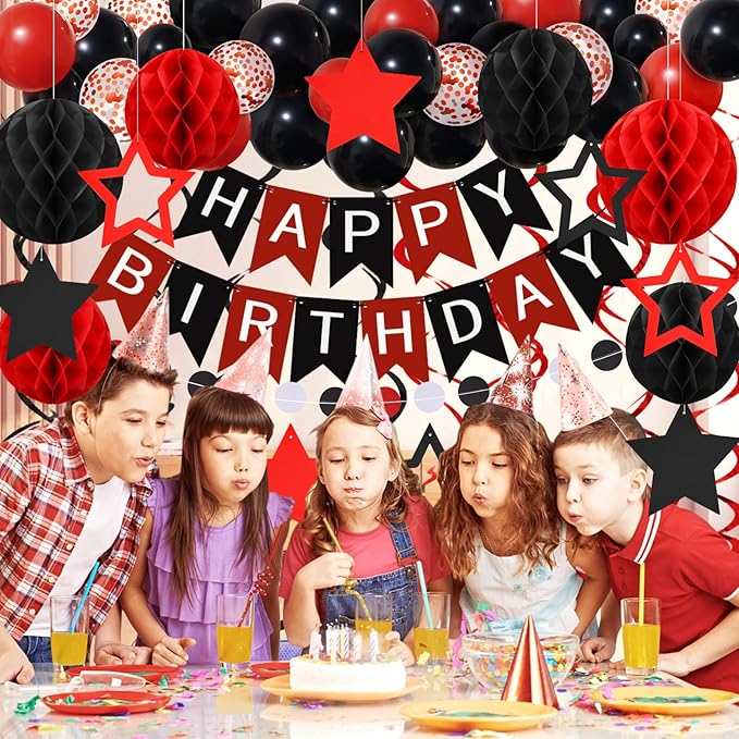 ZERODECO Black Red Birthday Decorations, Happy Birthday Banner with Honeycomb Ball, Hanging Swirl Streamer, Garland, Balloon Happy Birthday Party Decorations for Women Men Boys Girls