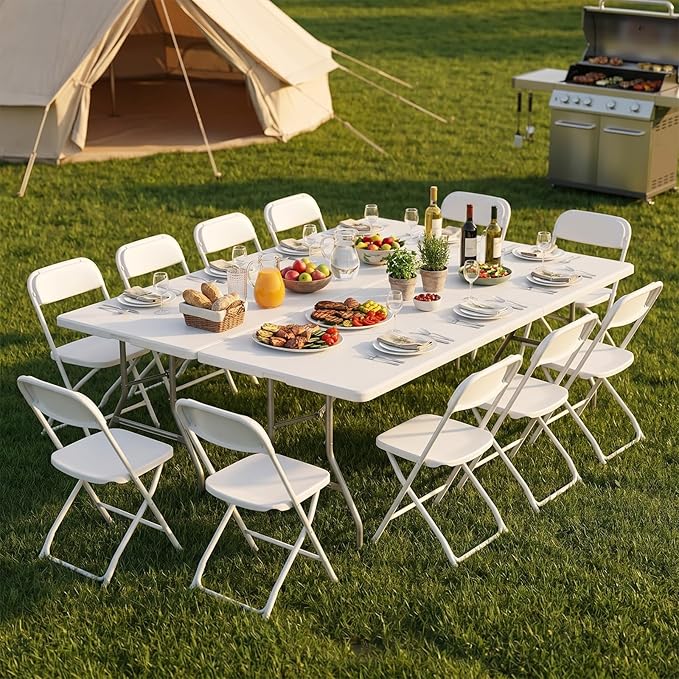 DUMOS 7.8 FT Folding Picnic Table Easy to Fold and Store, Foldable Table for Camping Picnic Dining Party Kitchen Outdoor Indoor with Carrying Handle