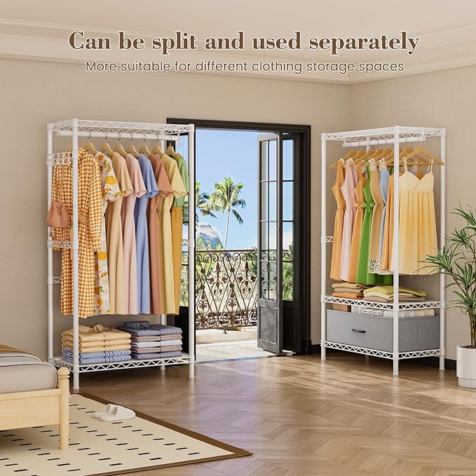 Golpart Coat Rack Clothes Wardrobe：Closet Organizer and Storage Clothing Garment Rack with Shelves Heavy Duty for Hanging Clothes Portable Adjustable White 15.8" DX(70-88)" WX76.5 H