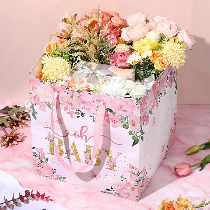 Extra Large Baby Gift Bag, Pink Floral Square Gift Bags Baby Shower Wrapping Paper Bag with Tissue Paper Oh Baby Jumbo Gift Bags for Sweet Baby Girl New Parents Gender Reveal Party Favors