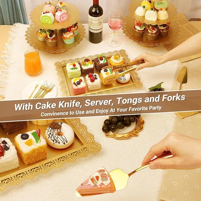 Cupcake Stand Set, 19 PCS Dessert Table Display Set Gold Metal Cake Stand with Tiered Tray Stands Cake Platter Cake Knife Server Set for Party, Candy Table Display Set for Wedding Birthday Baby Shower