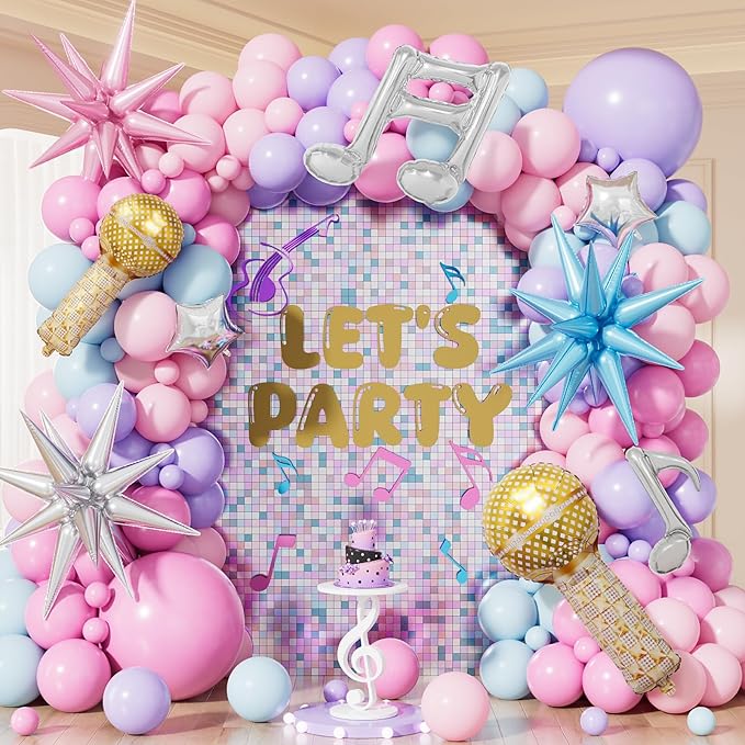 Pink Purple Blue Balloon Garland Arch Kit, Pastel Balloons with Microphone, Music Notes & Star Foil Balloons for Girls Birthday, Karaoke, Pop Music Theme Party Decorations