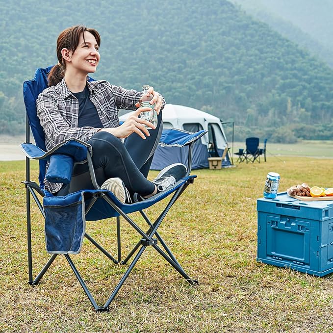 EVER ADVANCED High Back Folding Camping Chair Oversized and Fully Padded, Portable Quad Camp Lawn Chair Up to 300 lbs, with Cup Holder Armrest Carrying Bag
