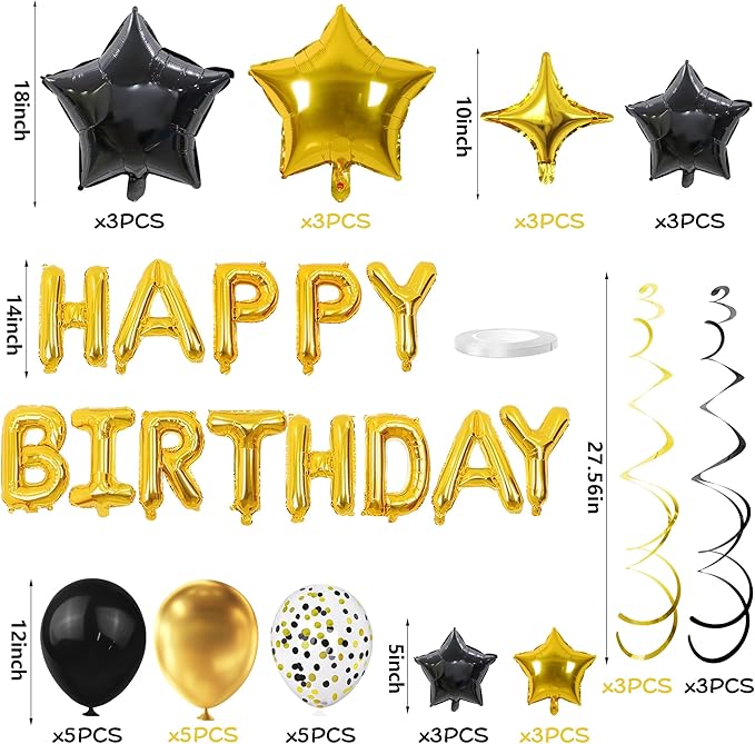 56 PCS Happy Birthday Balloons Happy Birthday Banner Gold and Black Balloons for Boys Men Girls Women 16th 18th 20th 21st 25th 30th 40th 50th 60th Birthday Party Decorations