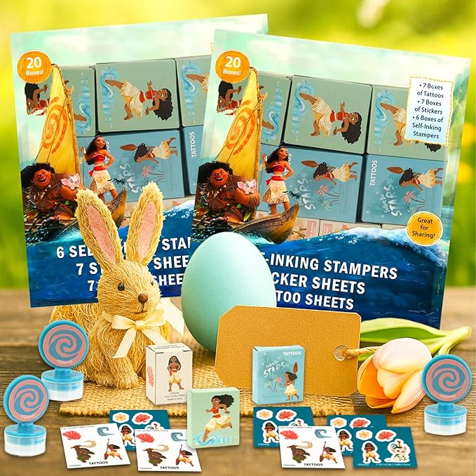 Disney Moana Holiday Party Favor Boxes Set - Bundle with 40 Moana Stickers, Tattoos, Stampers for Easter Basket Fillers, More