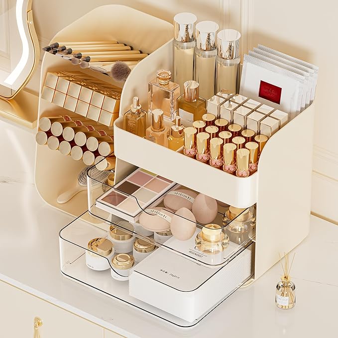 Makeup Organizer with 2 M Drawers & Brush Holders - Cosmetic Storage Case for Vanity, Bathroom Countertop & Desk - Skincare & Office Supplies Organizer (Cream, M)