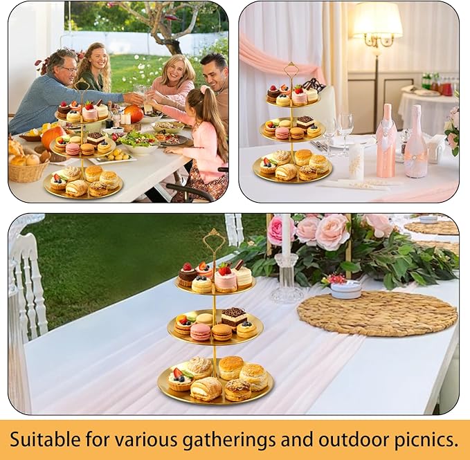 3 Pcs 3 Tier Stainless Steel Cupcake Stand, Gold Tiered Dessert Stand for Wedding, Birthday Party, Baby Shower, Tea Party, Graduation Ball (Gold)