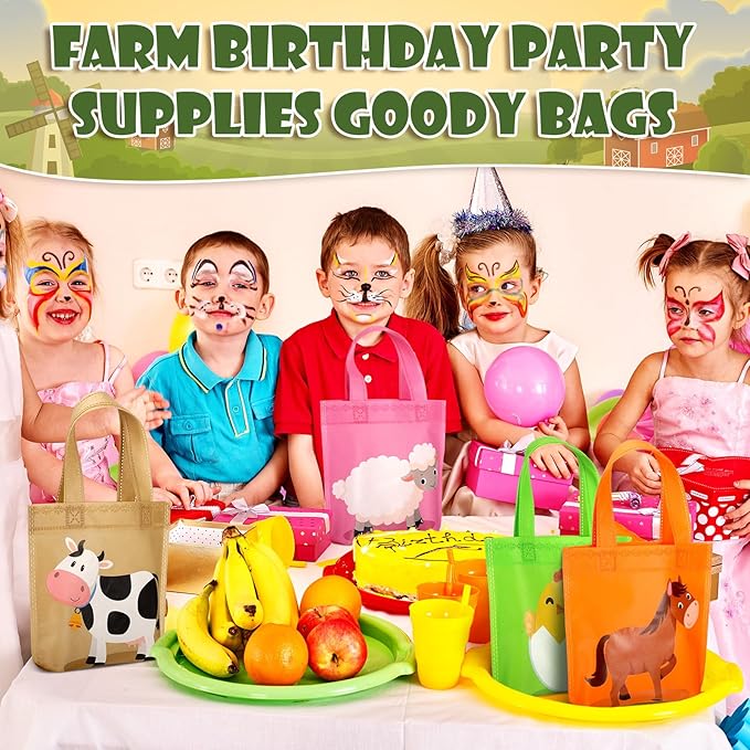 Sweetude 36 Pcs Farm Animal Party Favor Bags Barnyard Gift Goodie Treat Bags for Kids Farmhouse Reusable Non Woven Bag