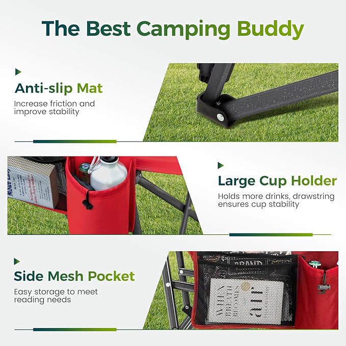 ALPHA CAMP Oversized Folding Camping Chairs for Adults High Backrest Heavy Duty Lawn Chairs Support 500 LBS Portable Camp Chairs with Cup Holders Large Side Pocket Outdoor Chair