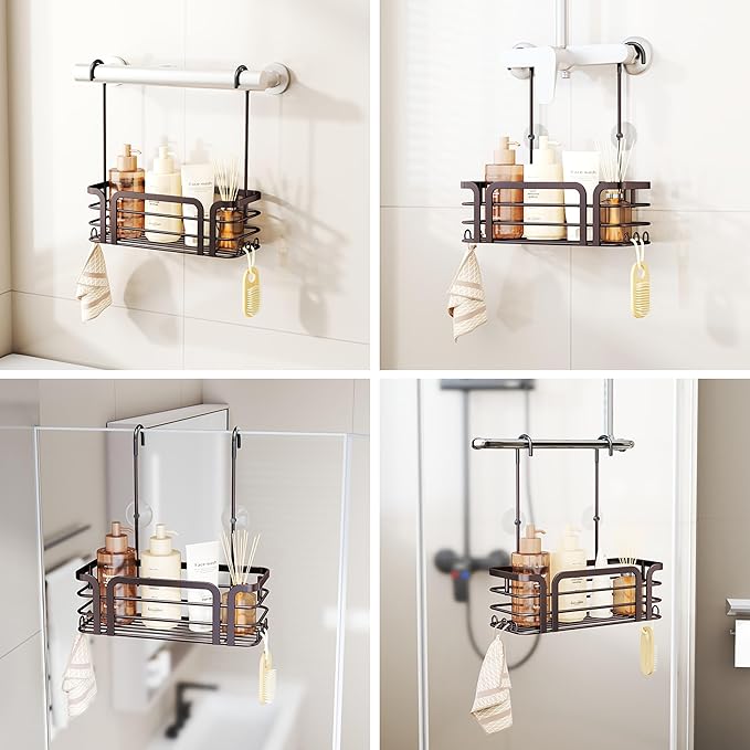 SWTYMIKI Shower Caddy Hanging Organizer - Over the Door Shower Caddy with 6 Hooks, 2 Installation Ways, Stainless Steel Rustproof Bathroom Organizer, Bronze