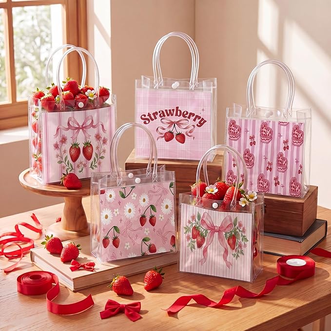 Teenyyou 24 Pcs Strawberry Clear Gift Bags Transparent PVC Tote Bags with Handles Reusable Strawberry Print Goodie Container for Theme Party, Birthday, Baby Shower, Wedding