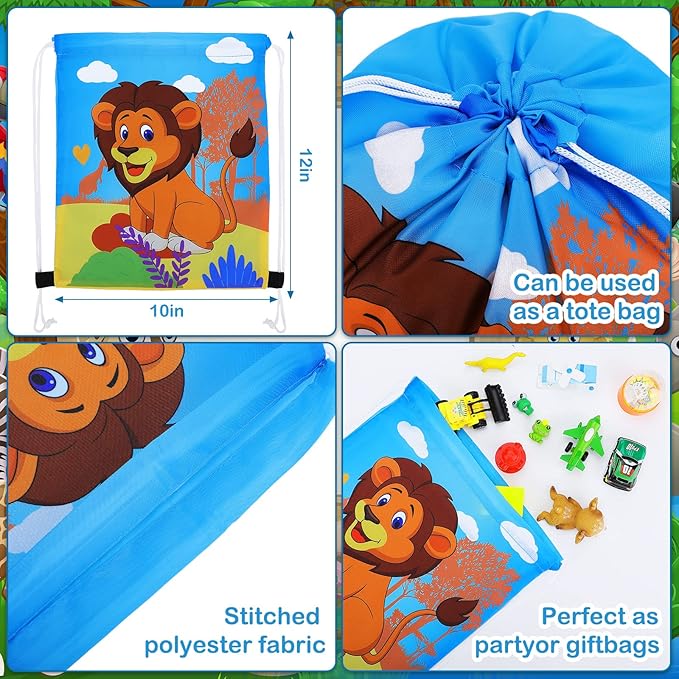 Gerrii 32 Pieces Jungle Animal Drawstring Bags Cartoon Animal Birthday Party Supplies Safari Wildlife Candy Goodie Treat Bags Safari Party Favors Gift for Kids Birthday Boy Girl Holiday Baby Shower