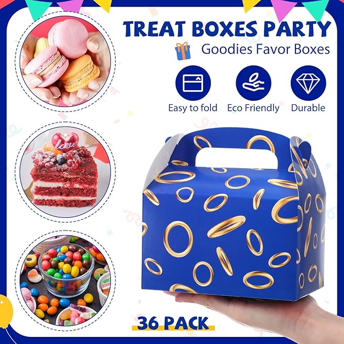 Marspark 36 Pack Blue with Gold Ring Party Favor Treat Boxes with Handles Theme Paper Goodie Candy Gift Gable Boxes for Video Game Birthday Party Decorations(Blue and Golden)