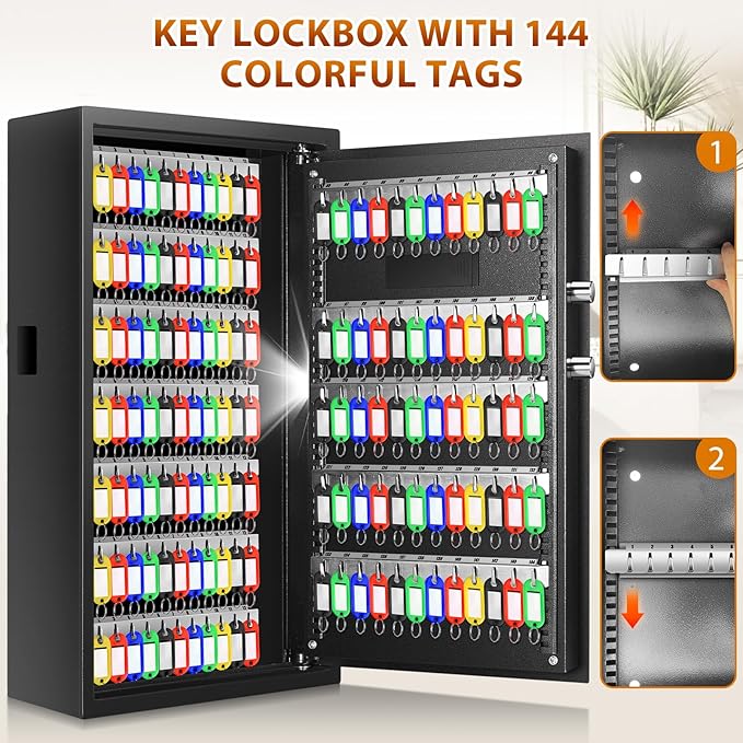 Nebakne 144 Keys Fireproof Cabinet Safe With Adjustable Hook Plates and Tags, Anti-Theft Lock Box Wall Mount With Combination Lock, Organizer for Home Office Garage