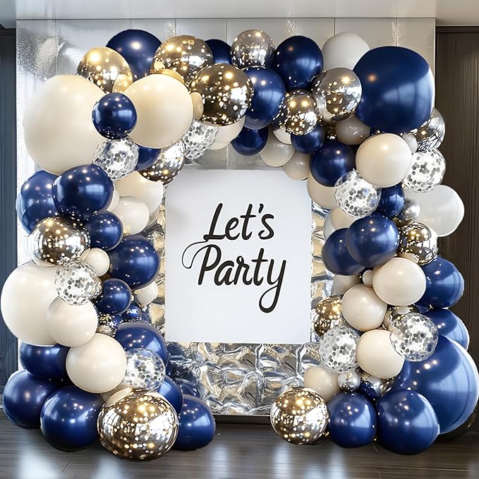 Navy Blue Silver Balloons Arch Kit, Double Stuffed Pearl White Royal Dark Blue Silver Chrome with Confetti Balloons Garland Kit for Birthday Wedding Graduation Father's Day Decorations