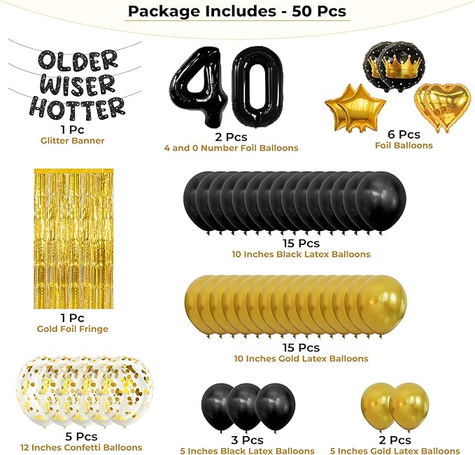 KatchOn, Happy Birthday Decorations Set - Pack of 50 | Older Wiser Hotter Banner, Latex Balloons Arch Kit, Gold Foil Fringe, Star, Round, Heart Foil Balloons | 40th Birthday Decorations for Women, Men