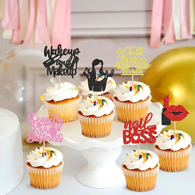 Ercadio 24Pcs Makeup Girl Cupcake Toppers Make-up Artist Cupcake Picks Beautiful is My Business Food Picks for Makeup Girl Birthday Cupcake Decors Cosmetics Make-up Party Supplies
