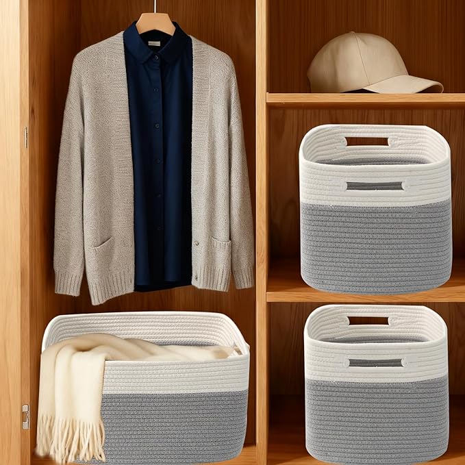 3 Pack Woven Rope Storage Baskets for Organizing,13.5"×11"×9.5"Storage Bins for Shelves,Perfect for Toys,Books,Towels,Clothes,Empty Gift Baskets for Nursery,Living Room&Bedroom(White&Grey)