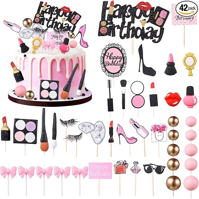 Beeveer 42 PCS Makeup Cake Topper Decorations Cosmetics Theme Bridal Cake Topper Party Lipstick Perfume Picks for Bridal Shower Birthday Partys
