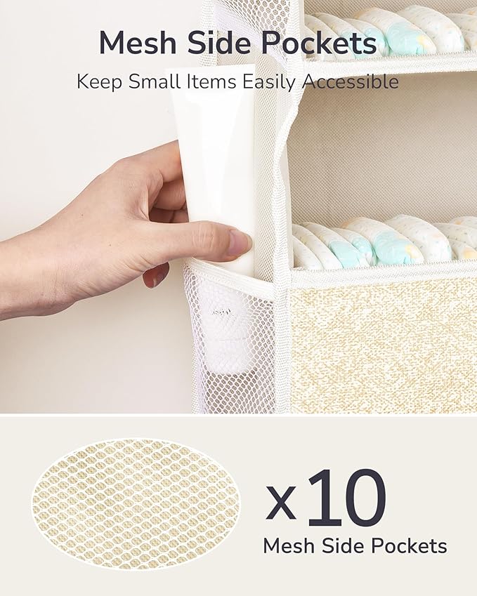 ULG 1 Pack Over Door Organizer with 5 Large Pockets 10 Mesh Side Pockets, Upgraded Linen Texture Over The Door Storage, 44 lbs Weight Capacity Hanging Storage Organizer, Ivory