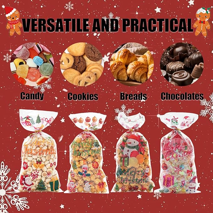 EatnMgan 200Pcs Christmas Cellophane Treat Bags,Cellophane Bags,Santa Claus Goodie Candy,Xmas Party Favors Bags Cellophane Candy bags with 220Pcs Twist Ties for Christmas Party Supplies