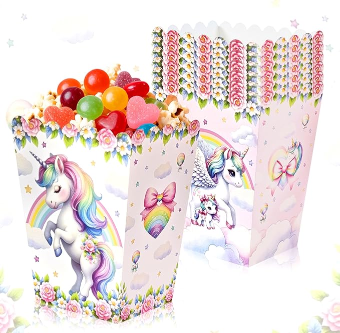 BACH AND BOUJEE 20Pcs Unicorn Popcorn Boxes Rainbow Unicorn Goodie Candy Boxes Birthday Party Favors Gift Bags Dreamy Animal Birthday Party Decorations Baby Shower
