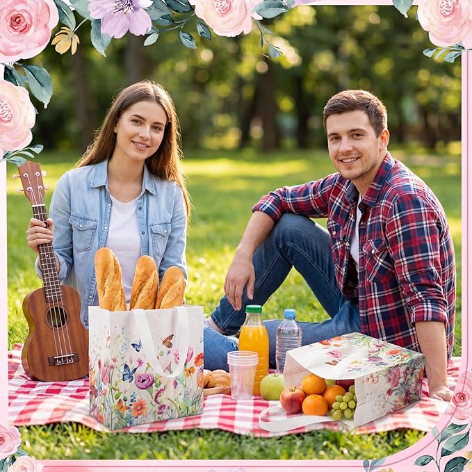 Sweetude 16 Pcs Wildflower Gift Bag with Handles Wildflower Butterfly Party Favors Non Woven Reusable Tote Bags for Baby Shower Spring Summer Floral Birthday Party Decorations