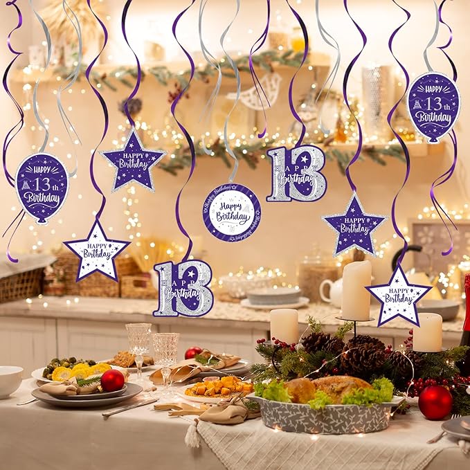 Happy 13th Birthday Purple & Silver Glitter Swirls Streamers Party Decorations - 15 Pcs 13th Birthday Hanging Swirls Streamers Kit,Cheers to Thirteen Years Old Bday Party Sign.