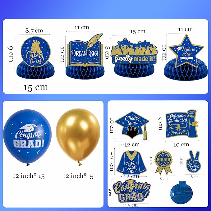 Royal blue Gold Balloons GRAD Print Balloons with Banner Table Honeycomb Centerpieces Hanging Swirl Graduation Cap trophy GRAD Letters Mylar Balloons for 2026 graduate Prom Decorations