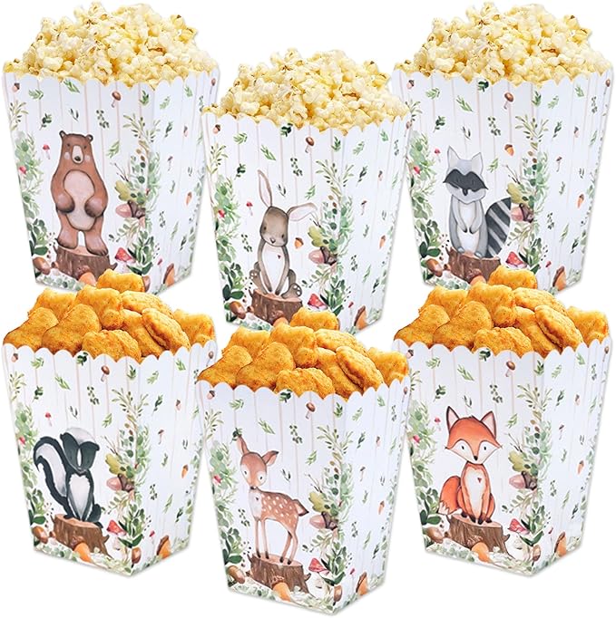 LaVenty 12 PCS Woodland Animals Forest Popcorn Boxes Favor Treat Candy Goodies Bags for Bear Fox Deer Birthday Party Supplies
