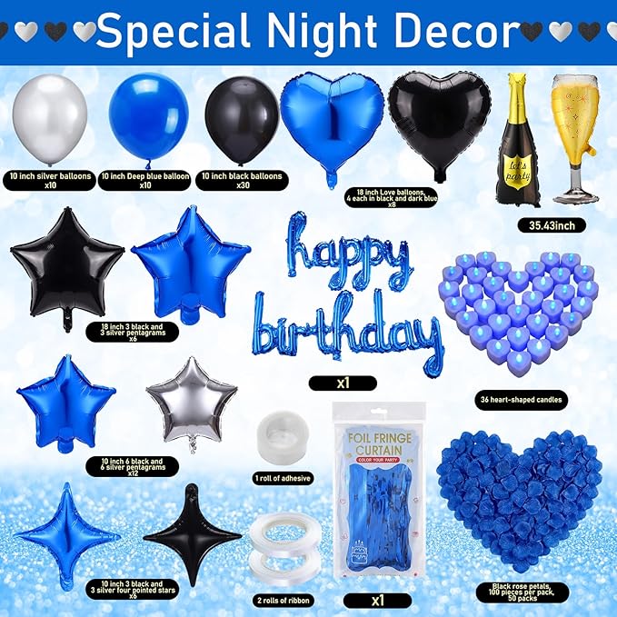 Realspring 120 Pcs Happy Birthday Decorations Set Balloons Letters Banner with Candle LED Light Champagne Bottle Wine Glass Rose Petals for Birthday Party Room Decor (Blue)