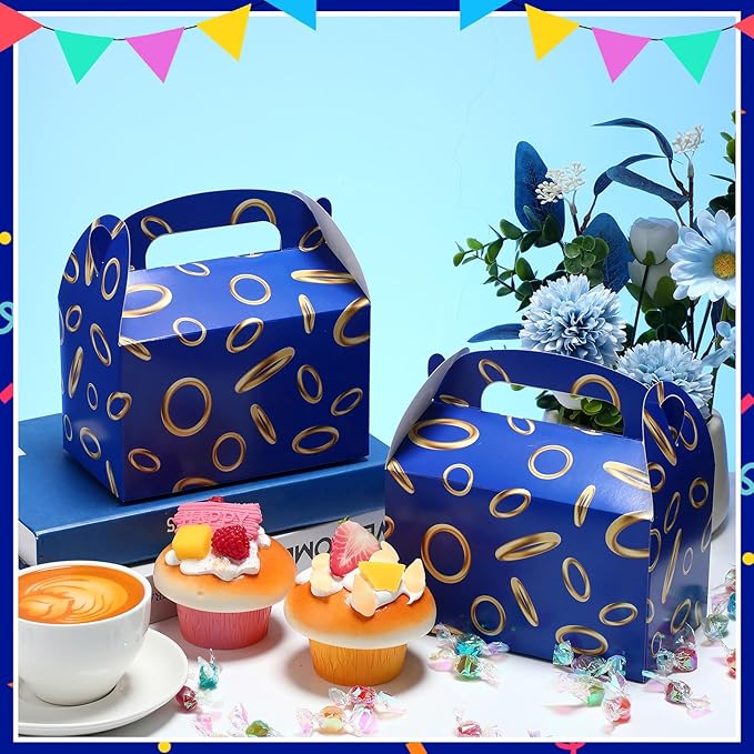 Marspark 24 Pack Blue with Gold Ring Party Favor Treat Boxes with Handles Theme Paper Goodie Candy Gift Gable Boxes for Video Game Birthday Party Decorations(Blue and Golden)