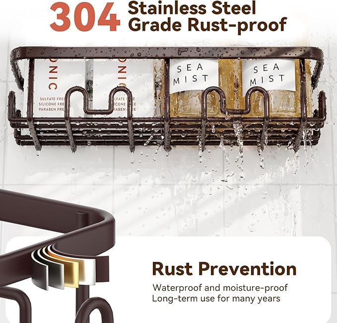 YASONIC Shower Caddy Adhesive 2-Pack, Rustproof Shower Organizer with Holder, No-Drill Shower Shelves for Inside the Shower, Large-Capacity Bathroom Organizers and Storage for Dorms & Renters, Bronze