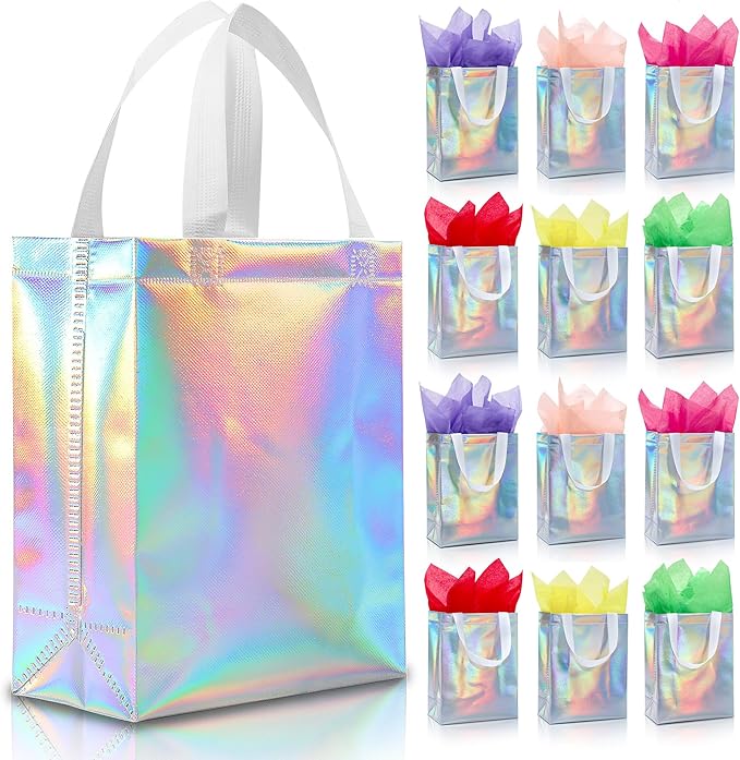 KeerxunBag 12pcs Reusable Gift Bags（Includes Tissue Paper） Gift bag with handle Birthdays Parties Holidays Weddings Medium 10x4x8in colorful