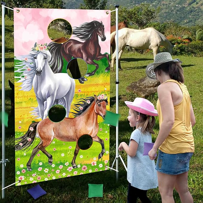 Horse Toss Games with 3 Bean Bags Pink - Horse Birthday Party Games Include Horse Toss Game Banner and Bean Bags for Girls Adults, Western Cowgirl Theme Birthday Party Indoor Outdoor