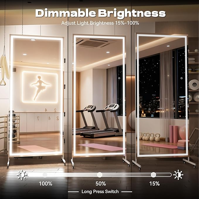Hasipu 79" x 40" Full Length Mirror on Wheels with LED Light — Dimmable Warm/Natural/Cool, Shatterproof Tempered Glass, Wall Mountable, Rolling Dressing Mirror for Home Gym, Makeup, Yoga, Studio